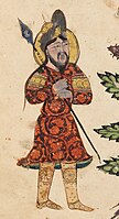 Warrior wearing the sharbush, a three-quarters length robe, and boots. De Materia Medica of Dioscorides, Iraq, 1224. Harvard Art Museums.[91]