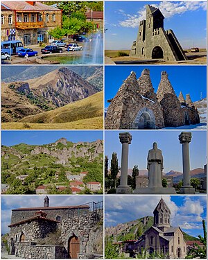 From top left: Downtown Goris • Goris gate Zangezur Mountains around Goris Bell Monument • Settlement of old Kores Grigor Tatevatsi statue Surp Hripsimé Basilica • Saint Gregory Cathedral