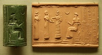 Sumerian cylinder seal and impression, dated c. 2100 BC, of Ḫašḫamer, ensi (governor) of Iškun-Sin c. 2100 BC. The seated figure is probably king Ur-Nammu, bestowing the governorship on Ḫašḫamer, who is led before him by Lamma (protective goddess).[319]