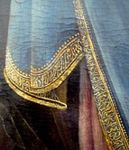 Left image: pseudo-Kufic script on the hem of the Virgin's mantle in Filippo Lippi's 1438 Pala Barbadori. Louvre Museum. Right image: at the top, detail of the Virgin's mantle hem in Antonio Vivarini's Saint Louis de Toulouse, 1450. At the bottom, detail of Virgin's mantle hem in Jacopo Bellini's Virgin of Humility, 1440. Louvre Museum.