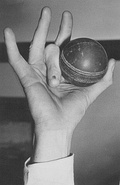 Left: In a power grip the object is in contact with the palm.Right: Cricketer Jack Iverson's "bent finger grip", an unusual pad-to-side precision grip designed to confuse batsmen.