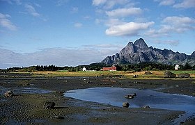 Vågakallen towers over Henningsvær, seen from Kabelvåg.