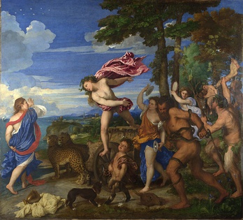 Tiziano: Dioniso encuentra a Ariadna en Naxos y se enamora de ella. Dejado en el fondo La nave de Teseo se fue, dejándola. Dioniso le ofrecerá una corona de boda, que se convertirá en la constelación de Corona Borealis (vista en el cielo).