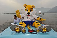 Shera, the mascot of the Commonwealth Games Delhi 2010 takes a ride on Dal Lake