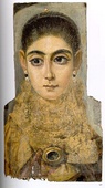 Mummy portrait of a young woman; 100–150 AD; cedar wood, encaustic painting and gold; height: 42 cm, width: 24 cm; Louvre