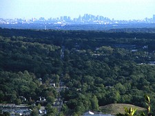 The skyline of Manhattan as viewed from Mahwah, Bergen County's northernmost borough (above); and across the Hudson River from Cliffside Park, near the county's southeast border (below).