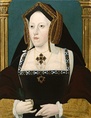 A portrait of Queen Catherine of Aragon, Henry the eight's first wife. She wears a black French-style gown with yellow undersleeves and a golden gable good