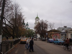 The town's main street, with the belltower in the background.