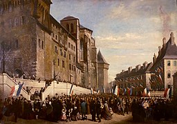 Gente de Chambéry con la bandera de Francia celebrando la anexión en 1860.