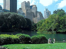 A view of skyscrapers from the Pond, at the southern border of Central Park