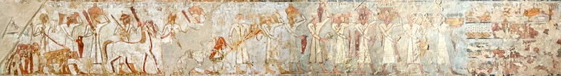 Depiction of Syrians bringing presents to Tuthmosis III, in the tomb of Rekhmire, c. 1400 BC (actual painting and interpretational drawing). They are labeled "Chiefs of Retjenu".[50][51]