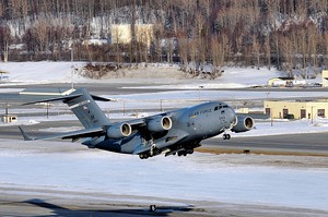 A 90th Fighter Squadron F-22 Raptor escorts a Russian Air Force Tu-95 Bear bomber near Nunivak Island