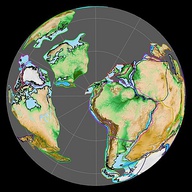 Left: Laurasia as part of Pannotia 600 Mya.Right: Laurasia during the breakup of Pannotia at 550 Mya.View centred on the South Pole.