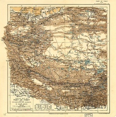 Map of the expeditions of Sven Hedin (1906-8) including Qira (labeled as Chira) (RGS, early 20th century)