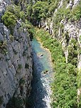 Top row: The source is a karst spring. Peruća Lake. Cetina at Sinjsko polje.  Bottom row: Near Trilj. Canyon near Šestanovac. Mouth of the river at Omiš.