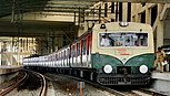 A typical Electric multiple unit (EMU) train-set used in suburban rail (left) and interior showing seating configuration