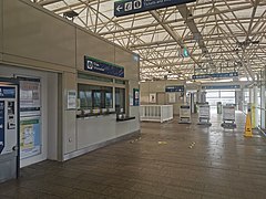The interior of Adamstown's station building, showing the modern architecture of Irish railway stations from this time period.