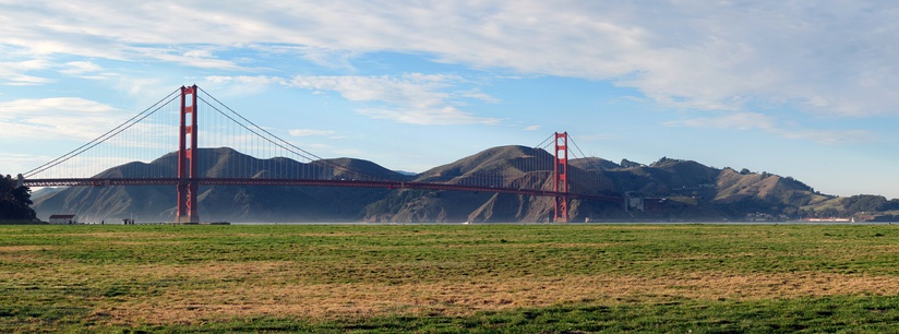  Panoramic image of Crissy Field with the Golden Gate Bridge and the Marin Headlands seen in the background