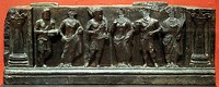 Gandhara frieze with devotees, holding plantain leaves, in purely Hellenistic style, inside Corinthian columns, 1st–2nd century CE. Buner, Swat, Pakistan. Victoria and Albert Museum