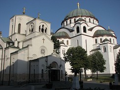 Monument, complex (day) and front walk (night) of the Church of Saint Sava,one of the largest churches in the world.