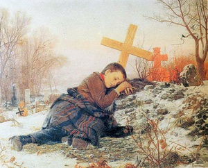 During the Bosnian War, Večernje novosti published a war report supposedly from Bosnia illustrated with Uroš Predić's 1888 painting (below) presented as an actual photograph (above) of a "Serbian boy whose whole family was killed by Bosnian Muslims". The original title of Predić's painting is "Siroče na majčinom grobu" (Orphan at mother's grave).[8]