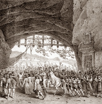 Drawing of a crowd scene on a theatre stage, with man in robes on horseback at the centre