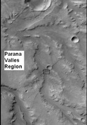 CTX context image for next image that was taken with HiRISE. Note long ridge going across image is probably an old stream. Box indicates area for HiRISE image. Image located in Margaritifer Sinus quadrangle.