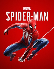 Spider-Man, a superhero in a blue and red suit and mask with a large white symbol on his chest, swings on a strand of webbing towards the viewer. The words "Spider-Man" are written in white text behind him.