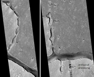 Hephaestus Fossae: two views, as seen by HiRISE. Picture on right lies to the top (north) of other picture. Fossa (geology) often form by material moving into an underground void. Image located in Cebrenia quadrangle.