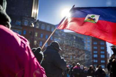 A woman waves a Haitian flag in the air during a rally at Boston City Hall Plaza. (Jesse Costa/WBUR)