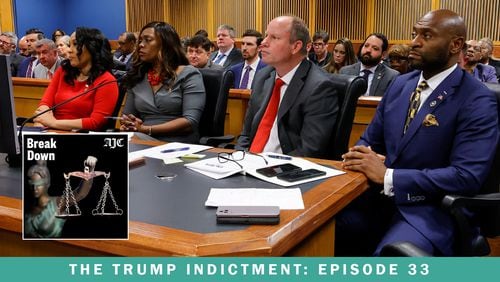 The latest episode of the AJC's "Breakdown" podcast recaps the closing arguments as to whether DA Fani Willis' office should be disqualified from the Georgia election interference case. Here, Willis, prosecutor Daysha Young, attorney Andrew Evans and special prosecutor Nathan Wade listen at the hearing for those arguments. (Alex Slitz/AP)