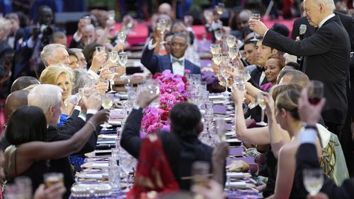 President Joe Biden offers a toast during a State Dinner with Kenya's President William Ruto at the White House, Thursday, May 23, 2024, in Washington. (AP Photo/Evan Vucci)
