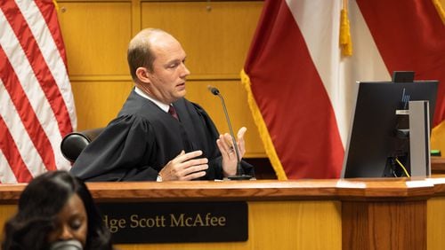 Judge Scott McAfee appears in a hearing on the Trump indictment at the Fulton County Courthouse in Atlanta on Wednesday, November 15, 2023. (Arvin Temkar / arvin.temkar@ajc.com)