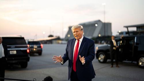 
                        FILE — Former President Donald Trump delivering remarks at the airport in Atlanta after being booked at the Fulton County Jail, where he and 18 allies were charged in Georgia election meddling, on Aug. 24, 2023. A lawsuit filed by six Colorado voters on Wednesday, Sept. 6, 2023 demands that the Colorado secretary of state not print former Trump’s name on the Republican primary ballot. (Doug Mills/The New York Times)
                      