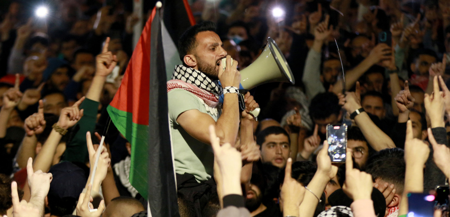 Jordanians chant slogans during a demonstration near the Embassy of Israel in Amman on March 28, 2024, in support of Palestinians amid ongoing battles between Israel and the militant Hamas group in the Gaza Strip. (Photo by Khalil MAZRAAWI / AFP) (Photo by KHALIL MAZRAAWI/AFP via Getty Images)