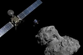 La sonda Rosetta rilascia il lander Philae sulla cometa 67P (fonte: ESA/ATG medialab; immagine della cometa: ESA/Rosetta/Navcam)