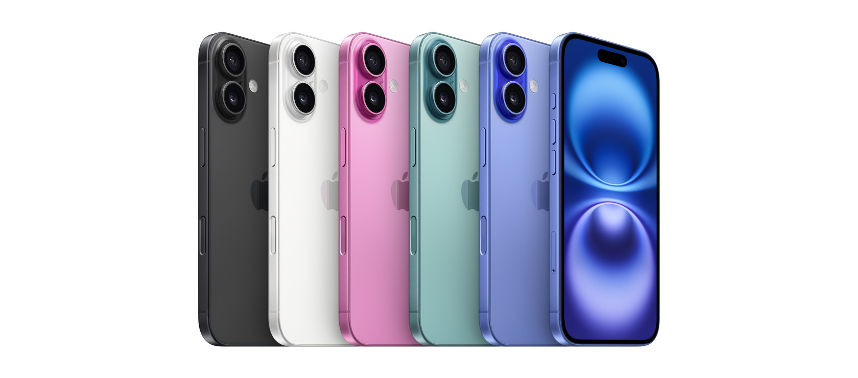 Back view of iPhone 16, all five finishes: Black, White, Pink, Teal, Ultramarine, and front view of iPhone 16 in Ultramarine