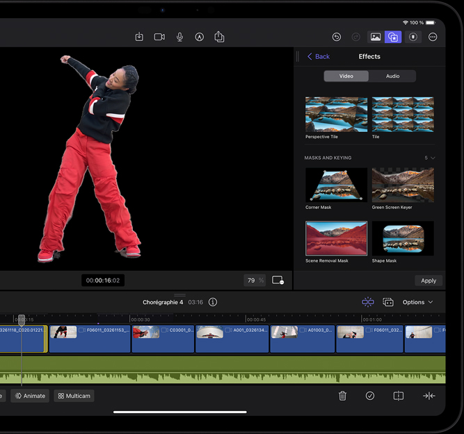 orientation paysage, iPad Pro, montage de la vidéo d’une personne qui danse