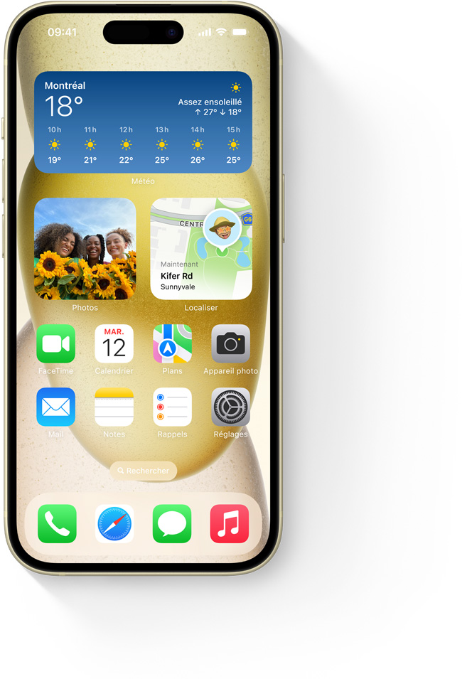 Écran Super Retina XDR d’iPhone 15 affichant une journée ensoleillée dans l’app Météo