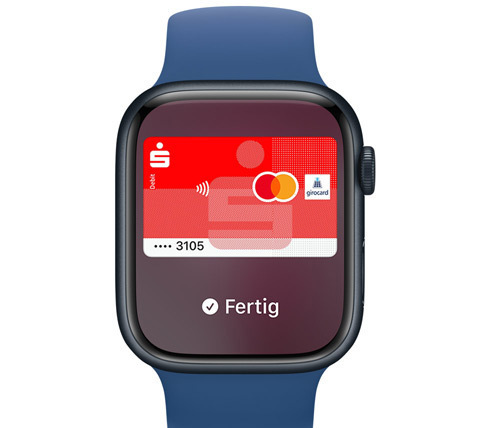 Vorderansicht einer Apple Watch. Jemand hat mit Apple Pay bezahlt.