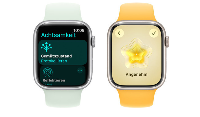 Vorderansicht der Apple Watch mit einem Bild, auf das du klicken kannst, um deine Gemütslage zu bestimmen und zu protokollieren.