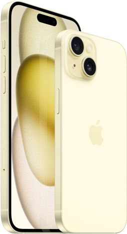 Front view of 6.7-inch iPhone 15 Plus and back view of 6.1-inch iPhone 15 in Yellow.