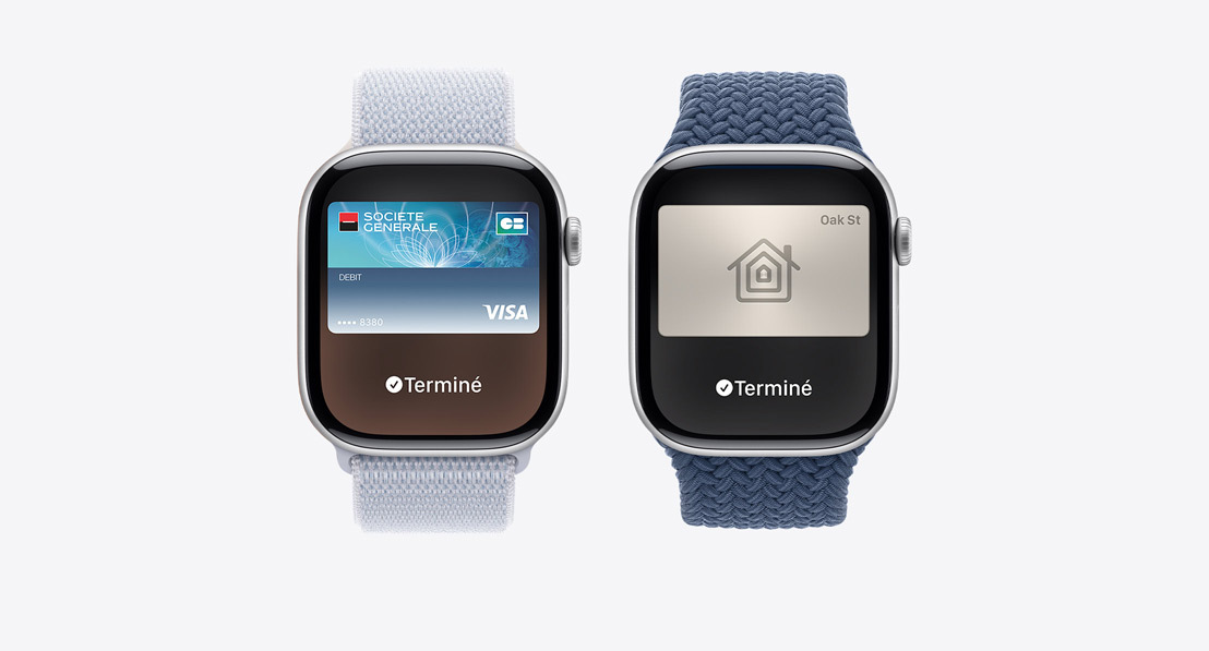 Trois Apple Watch Series 10. La première montre l’Apple Card utilisée avec Apple Pay. La deuxième montre une carte de transport utilisée avec l’app Cartes. La troisième montre une clé de domicile utilisée avec l’app Cartes.