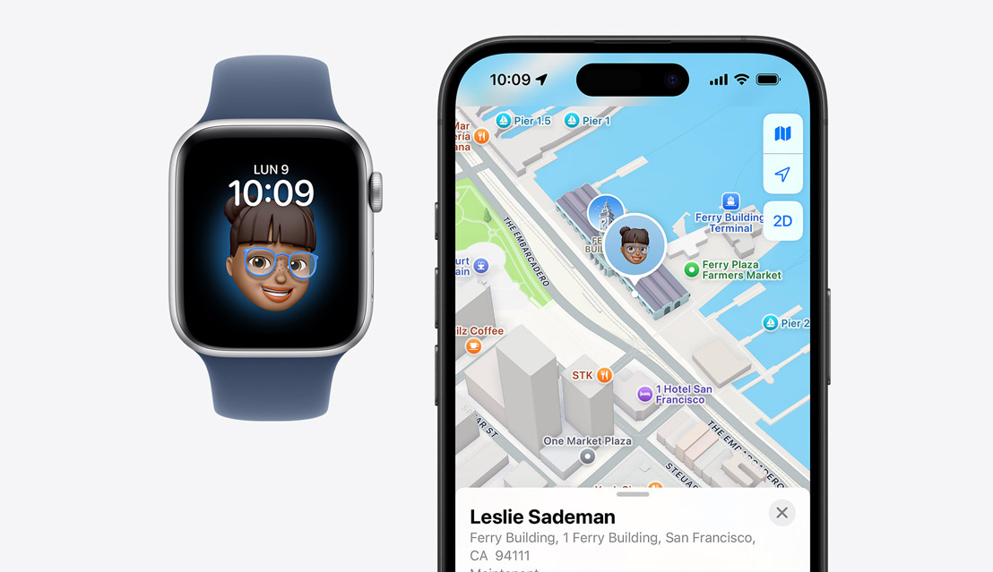 Une Apple Watch SE avec un visage d’enfant sur l’écran près d’un iPhone 16 montrant la position de l’enfant sur l’app Localiser.