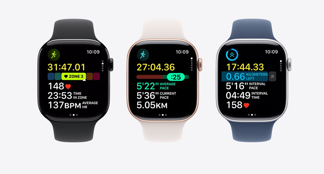 Three Apple Watch Series 10. The first shows Heart Rate Zones in a workout, the second shows Pacer, and the third shows a custom workout with intervals.