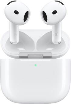 سماعة AirPods 4 تحوم فوق علبة الشحن مع غطاء مفتوح.