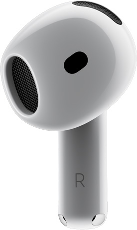 AirPods 4 แสดงมุมมองด้านหน้าของ AirPod โดยชี้ไปที่ความแนบสนิทชิดหู