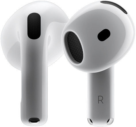 AirPods 4 สองข้างที่หมุนวนรอบตัวกันและกัน ก่อนที่จะหยุดโดยหันไปคนละมุม