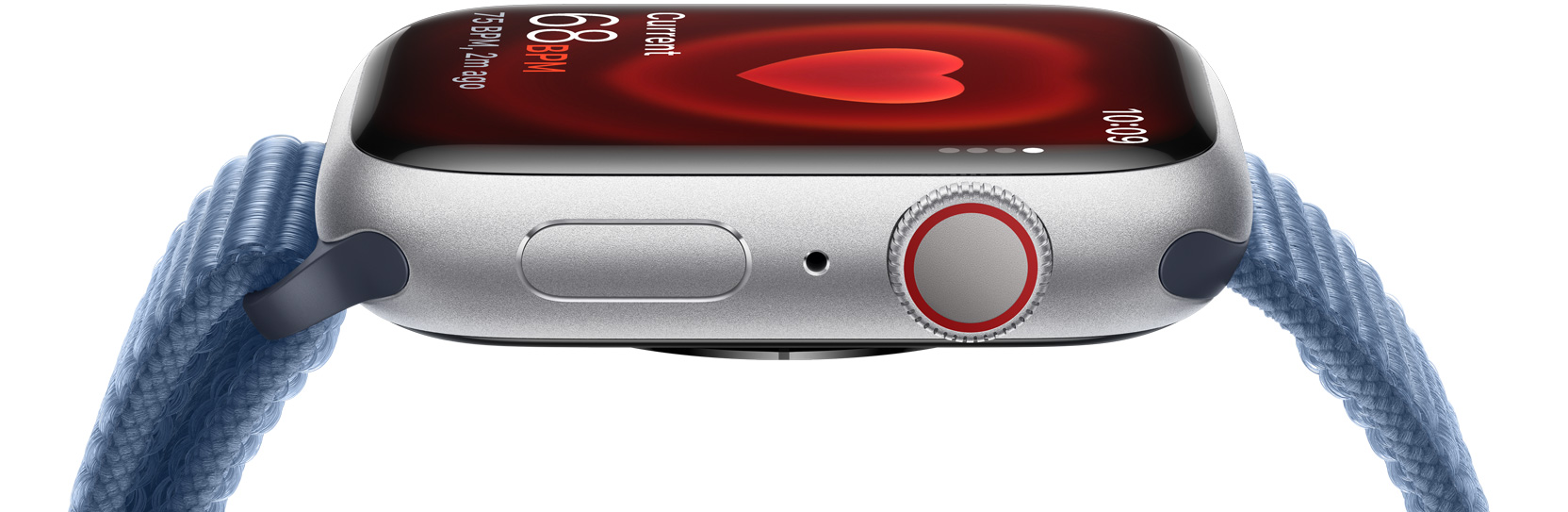 A side view of an Apple Watch demonstrating someone's heart rate.