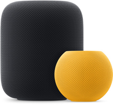 ミッドナイトのHomePodの右前にあるイエローのHomePod mini。